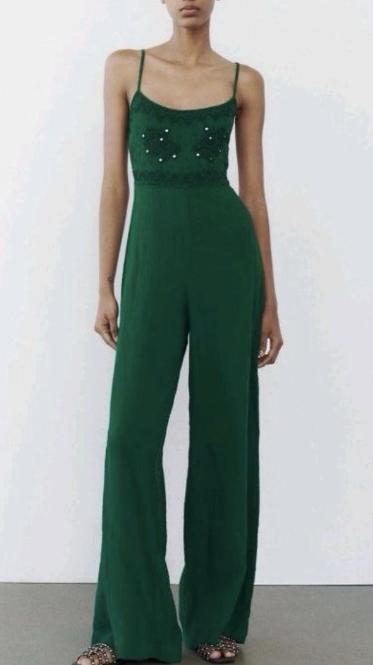 Zara Green Mirrored Embroidered Wide Leg Jumpsuit XS Crinkle Gauze